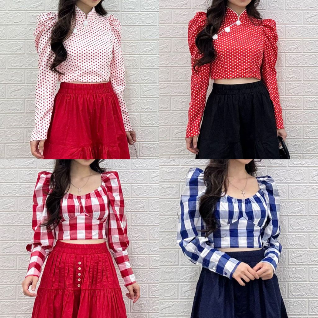 BUTIKEHOUSE - Blus Crop Katun Wanita Atasan Lengan Panjang Cheongsam