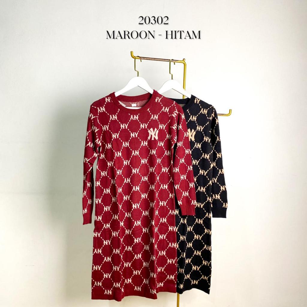 20302 DRESS RAJUT TUNIK FULL MOTIF NY TANGAN PANJANG PREMIUM DRESS RAJUT WANITA TANGAN PANJANG BASIC