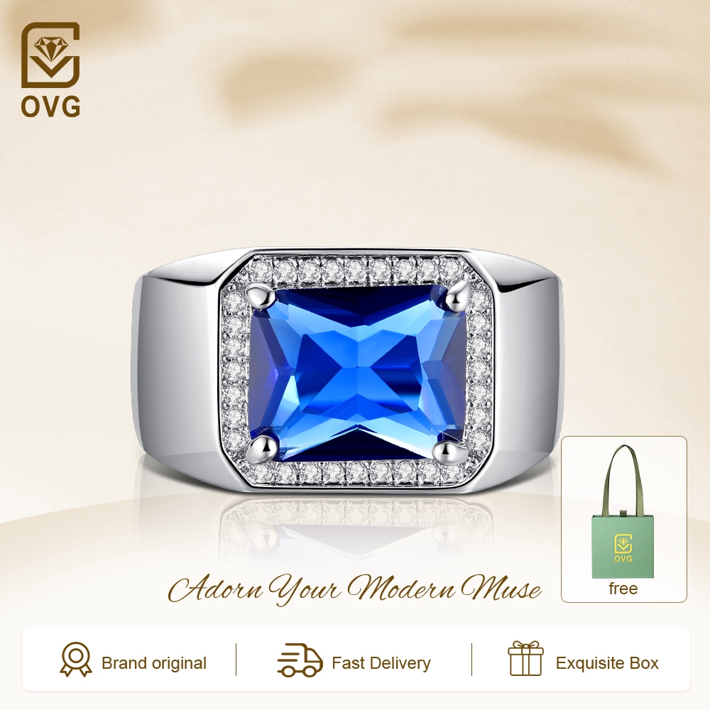 OVG Cincin Pria Aksesoris Fashion Mewah Biru Berlian Perhiasan Adjustable Cincin Cowok Kotak Indah C