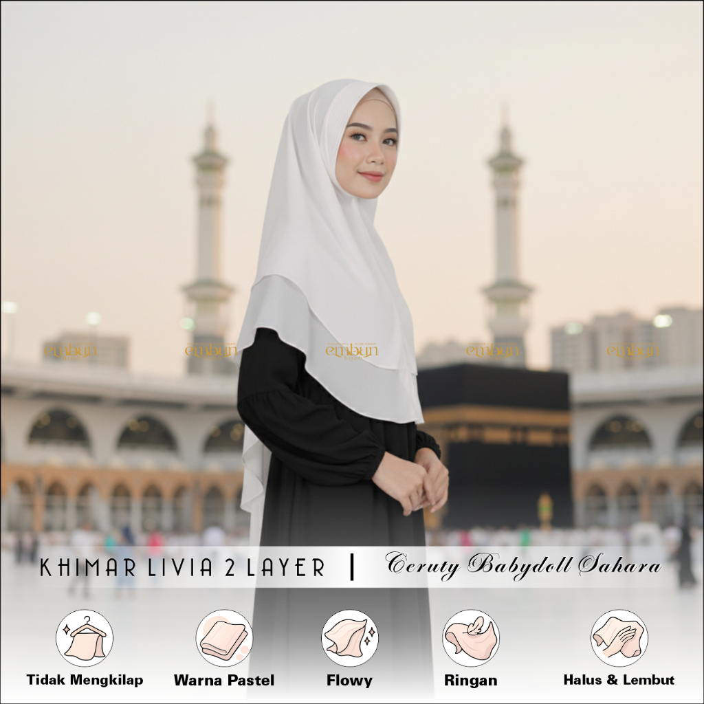 Hijab Khimar Syar'i Jumbo Pad Busa Antem Mat Ceruty Babydoll | Jilbab 2 Layer Oval  Putih Tulang