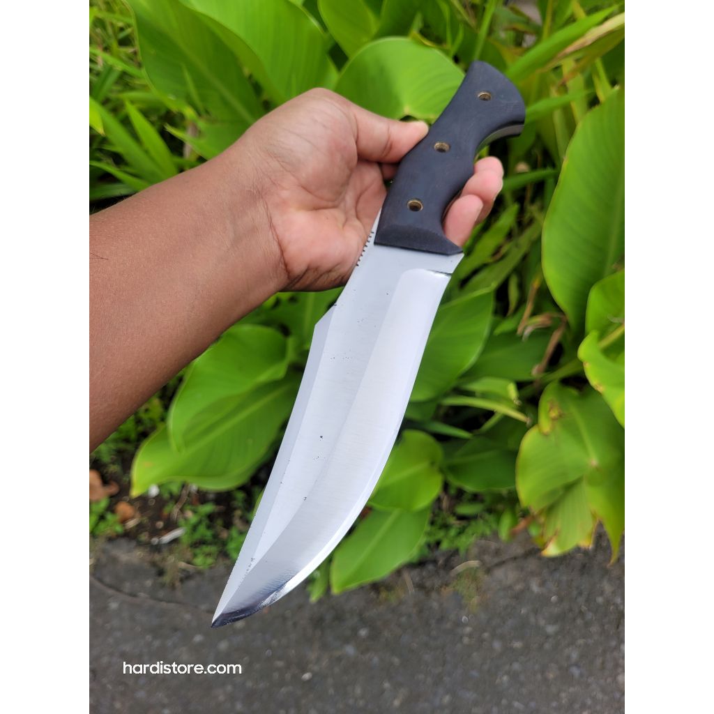 Pisau Bushcraft Bowie 17 cm Baja Carbon Steel Handle, Handle Micharta Fulltang buat Ngebolang Mantab