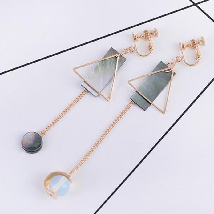 Anting Rantai Panjang Bentuk Segitiga Bulat Emas Gaya Vintage Gold-tone Triangle Round Natrual Shell