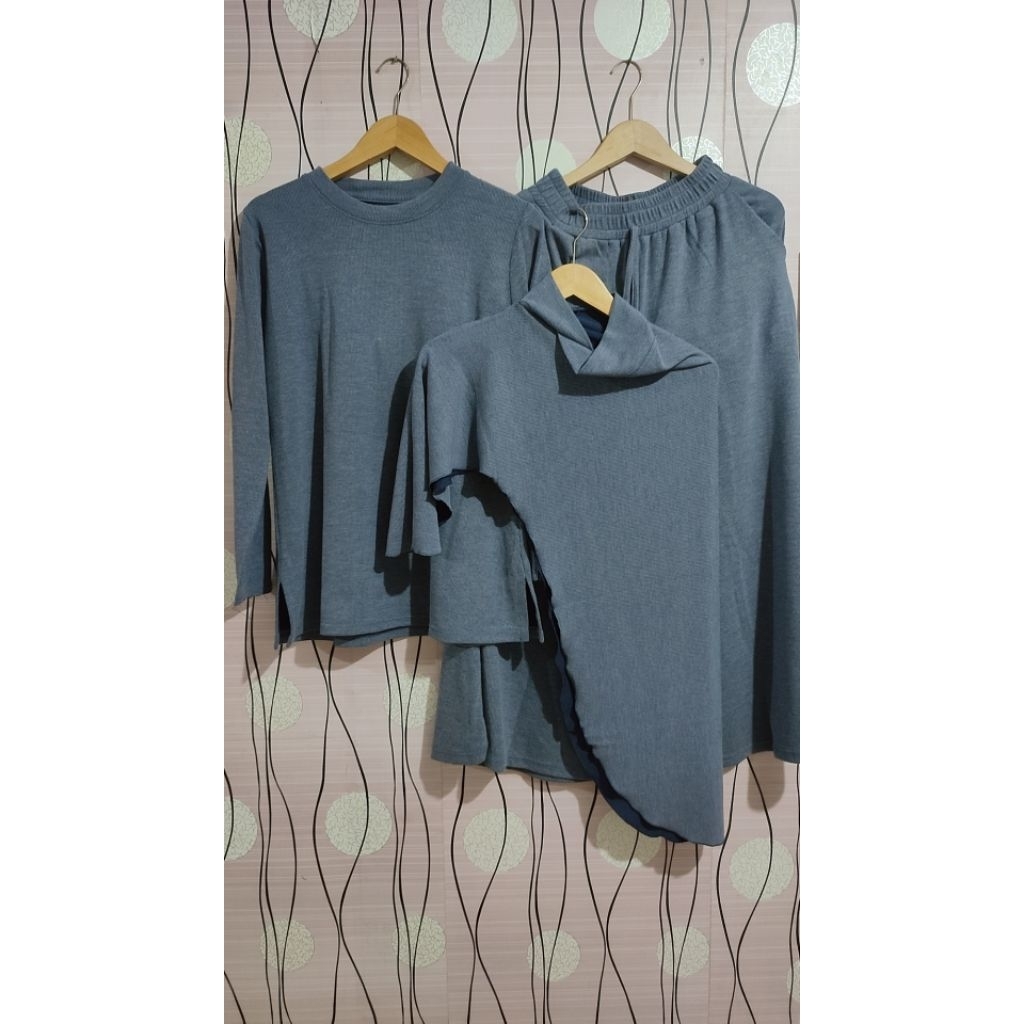 SETCEL WANITA 3 IN 1 KULOT LEBAR SET HIJAB KNITT PREMIUM