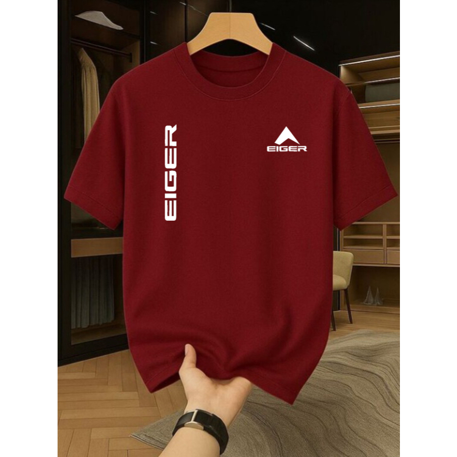 T Shirt Kaos Pendek Logo Eiger Tegak Motif Putih Casual Bahan Katun 24s Tebal Nyaman Oblong Unisex