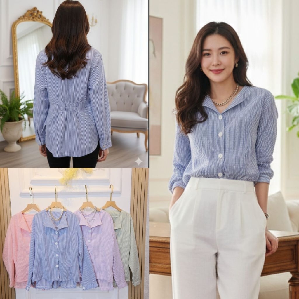 Sargina Top - Baju Wanita Lengan Panjang Salur (Belakang Karet )