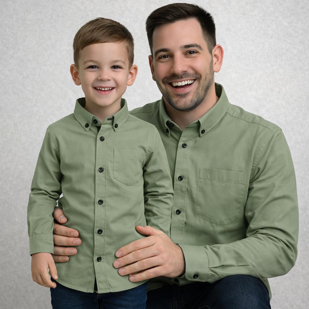 KEMEJA COUPLE AYAH DAN ANAK WARNA SAGE GREEN. KEMEJA POLOS WARNA SAGE