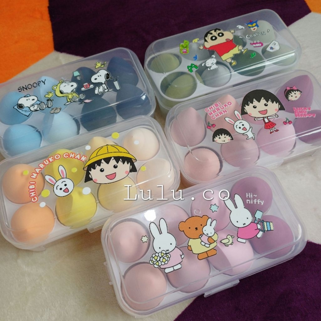 Spons makeup dan case container isi 8 CTS001 CHIBI MARUKO CHAN SNOOPY MIFFY SHINCHAN