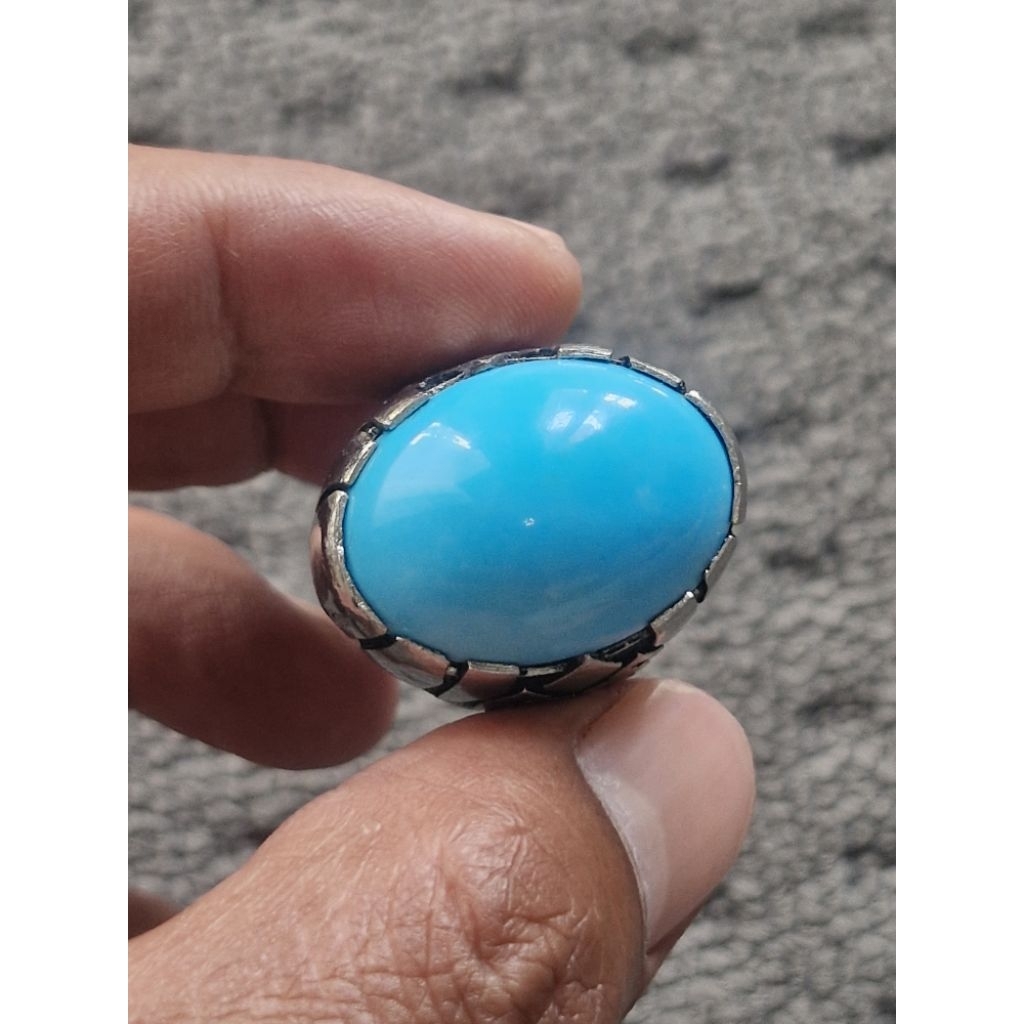 Cincin Batu Pirus Persia Biru Polos Jumbo Babon Dim 25x18x10mm