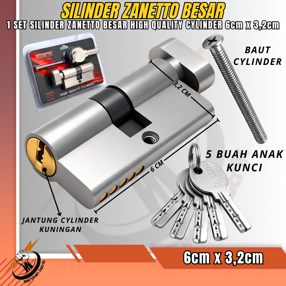 Knop Silinder Putar Kunci Pintu ZANETTO Besar 6x3,2cm Press Jantung Silinder Kuningan Cylinder Kunci