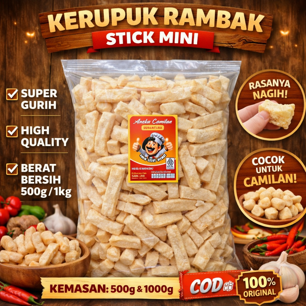 1 Kg Kerupuk Rambak Tahu Stik Mini Rasa Terasi Bawang Original Renyah Gurih Snack Camilan Nusantara