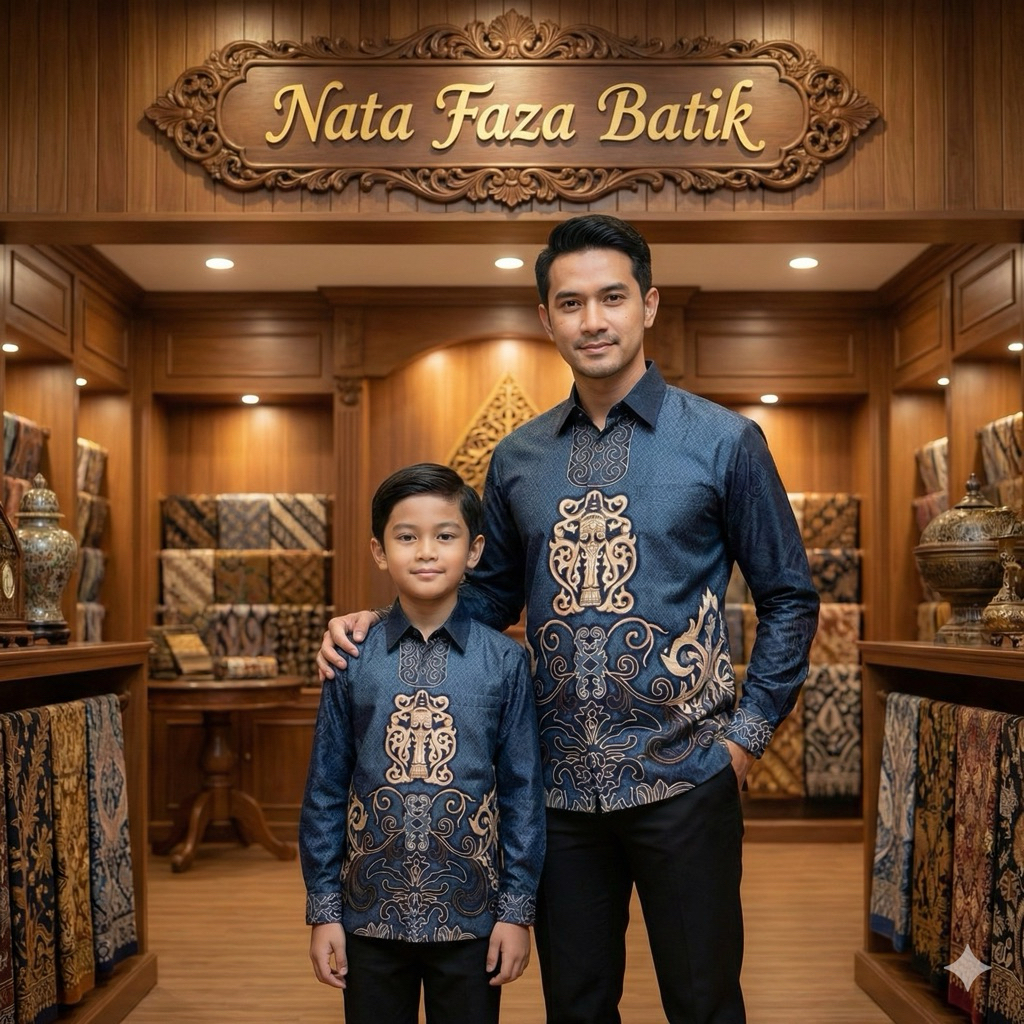 TERBAGUS Biru Dongker Baju Batik Katun Couple Ayah Anak Lengan Panjang Motif Etnik Elegan Cocok untu