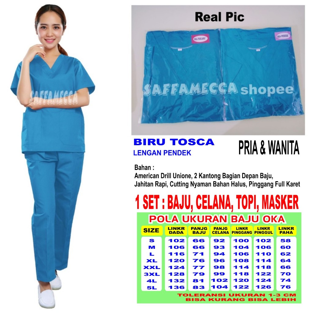 Baju Ok  Baju Oka  Lengan Pendek Biru Tosca Stelan Scrub Perawat Dokter  Jaga