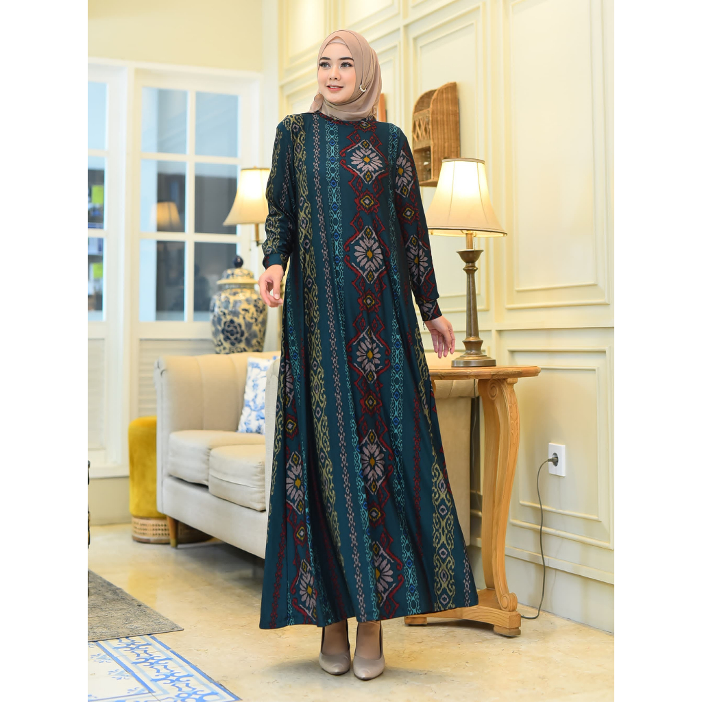 Gamis Wanita Waqiah Bahan Calvin Jeans Motif Batik Size L XL LD 100 110 Baju Dress Muslim Simple