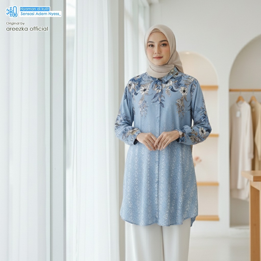 Safira New Kemeja Tunik Atasan Muslim Wanita Areezka Motif Rayon Viscose Premium Adem Nyaman