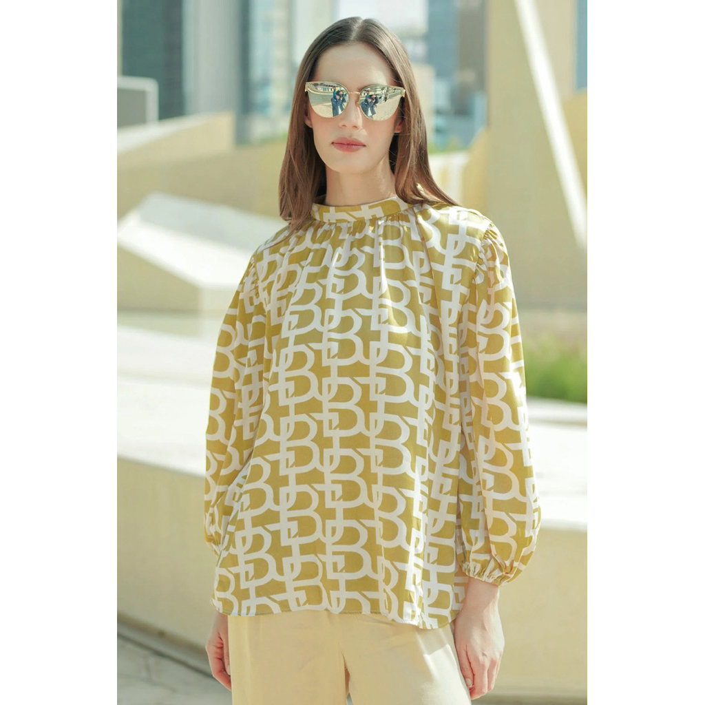 [PRELOVED] Benang Jarum Monogram Gathered Blouse - Mustard (Size S)