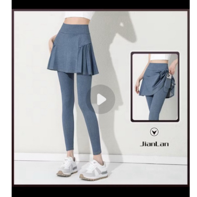 Amanohear denim Celana Rok Wanita 2-in-1 Berkantong upsize Legging hitam olahraga Wanita Rok Panjang