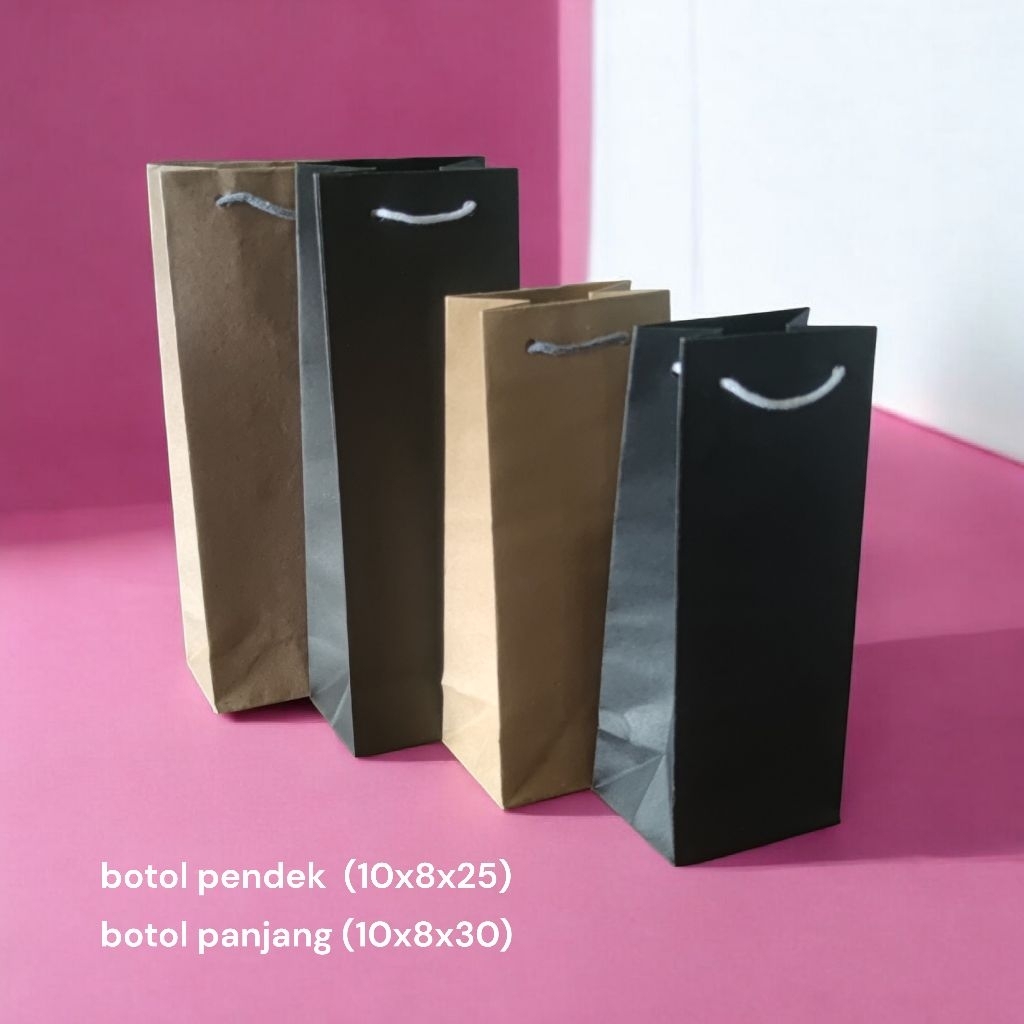paper bag ukuran botol / tumbler hitam dan coklat / tas kertas / souvenir