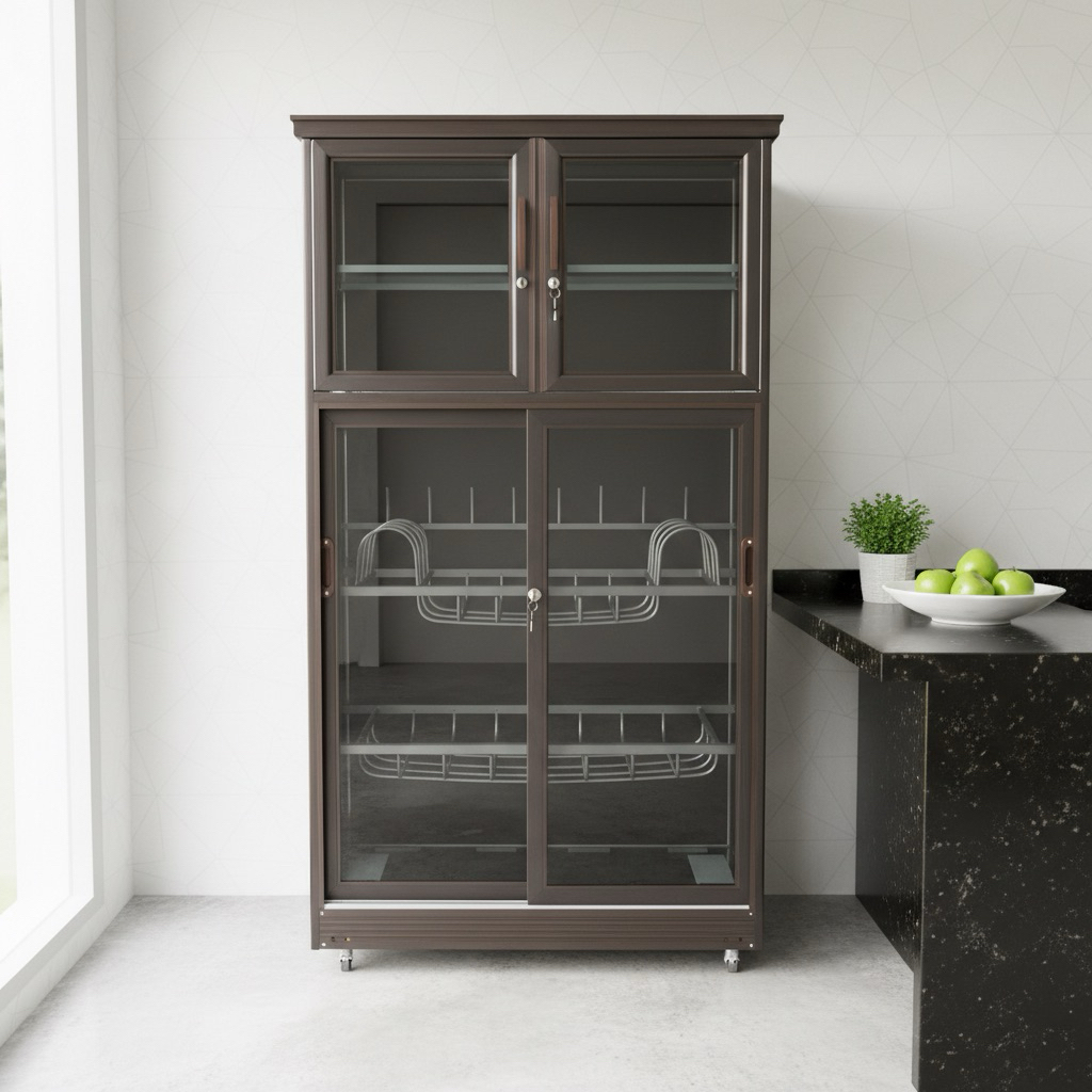 Rak Piring 4 Pintu Sleding Kaca Riben Bahan Alumunium