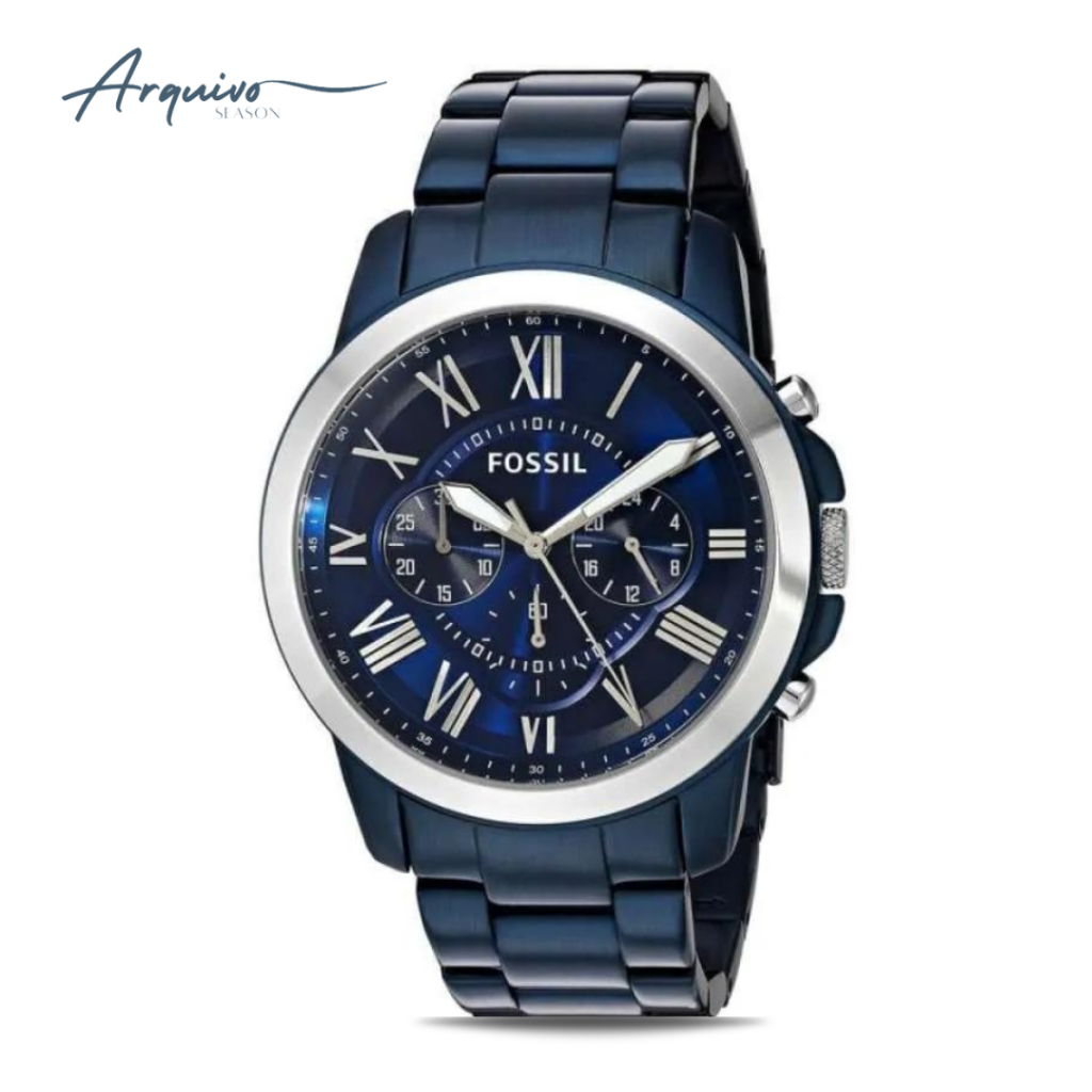 Jam Tangan Fossil Pria Grant Chronograph Blue Stainless Steel Mewah Original FS5230