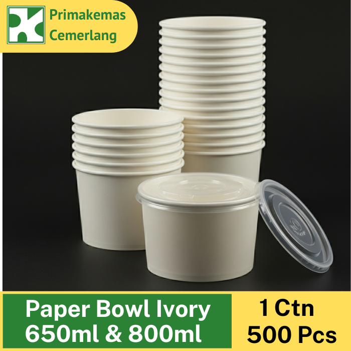 Paper Bowl 650ml, 800ml Kraft & Ivory - dengan tutup dan tanpa tutup / Paper Rice Bowl Base dan Tutu
