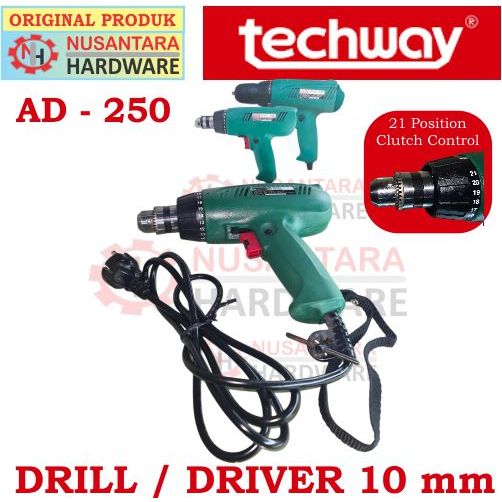 techway mesin bor listrik 10 mm bolak balik, hand drill/ driver tachway AD 250V, electric driver 10 