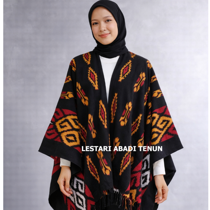 KUPAT HITAM MERAH - CARDIGAN PENDEK TENUN WANITA MODEL KELELAWAR, BAJU OUTER TENUN KEKINIAN TERBARU