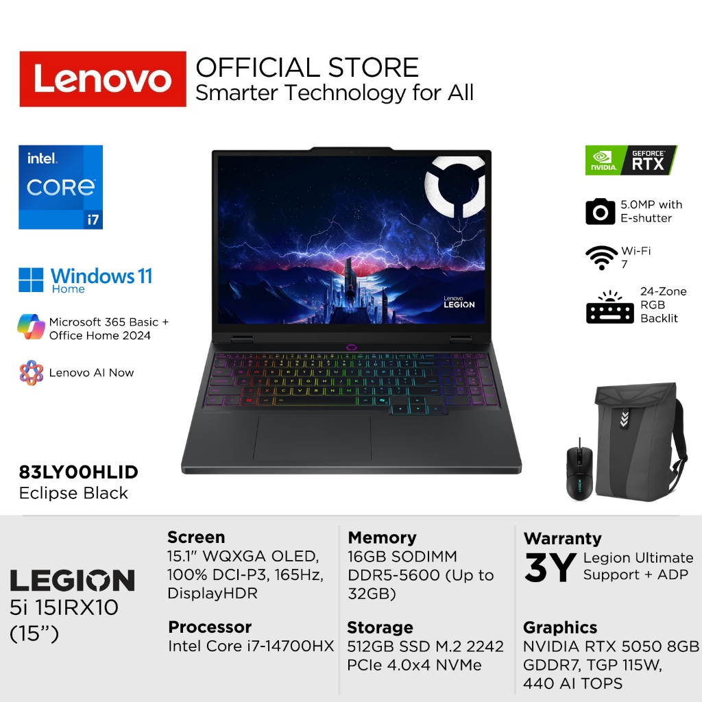 Lenovo Legion 5i 15IRX10 HLID Intel Core i7-14700HX, NVIDIA RTX 5050 8GB, RAM 16GB, SSD 512GB, 15.1"