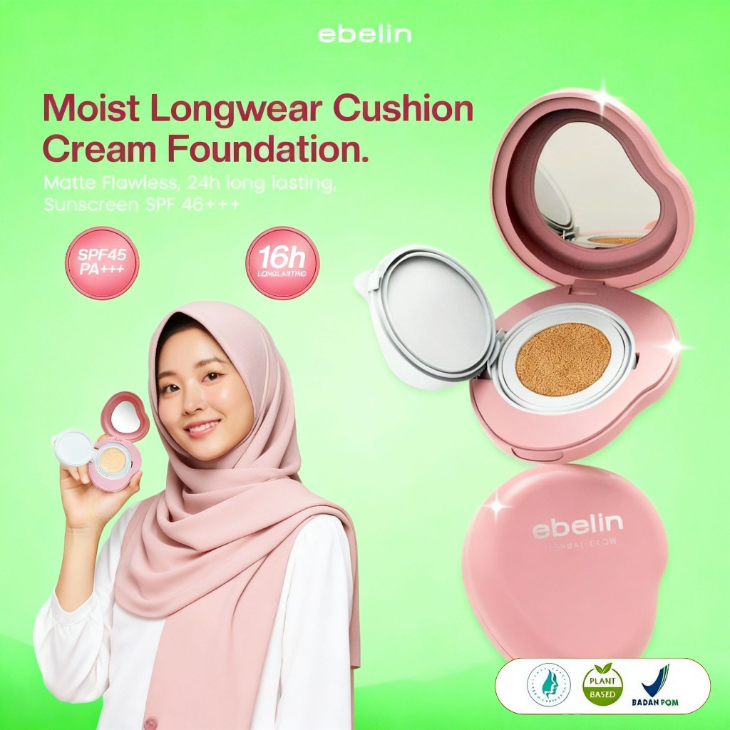 Ebelin - BPOM - Cushion Foundation Matte Tahan Lama Pelembap Hyaluronic Acid Castor Oil SPF 45+++++