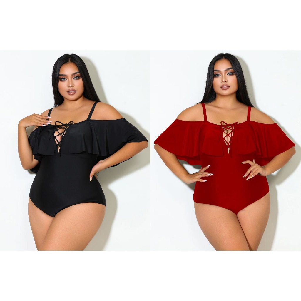 Baju Renang Wanita Jumbo Big Size Sabrina Hitam Merah One Piece Swimsuit Off Shoulder Black Red Plus