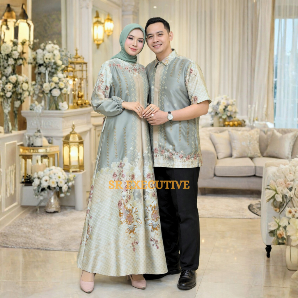 Couple Suami Istri Bahan Silk Motif Print Terbaru Warna Sage Terbaru Medina