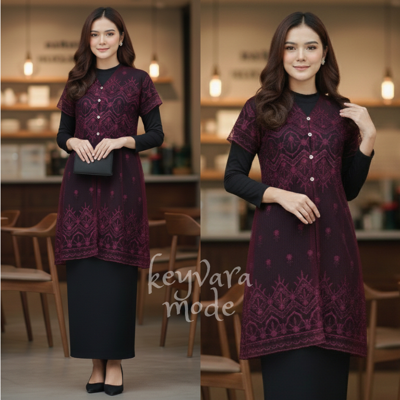 Bianca Outer Lace Brokat Kondangan Kekinian Vest Dress Lebaran - Tunik Brukat Wisuda Burgundy Mahoga