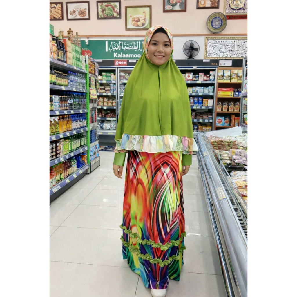 Gamis Spandek Motif Sembur + Hijab