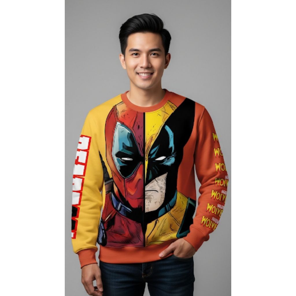 Crewneck Pria Full Print Karakter Komik Split Face | Sweater Pria Lengan Panjang Streetwear Premium