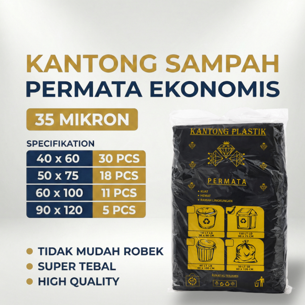 Plastik Sampah Hitam Permata Ekonomis 35 Mikron | Trash Bag 40x60 50x75 60x100 90x120 | Kuat Hemat T