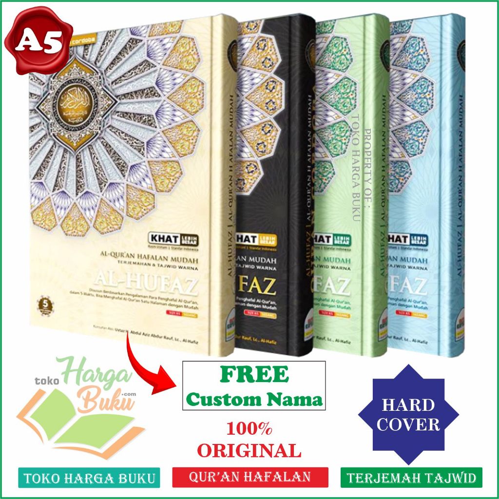 Foto Al-Quran Al Hufaz Khat Besar A5 HC Bisa CUSTOM NAMA Cocok untuk Hadiah Terjemah Tajwid Warna 5 Blok Qur'an Hafalan - Cordoba