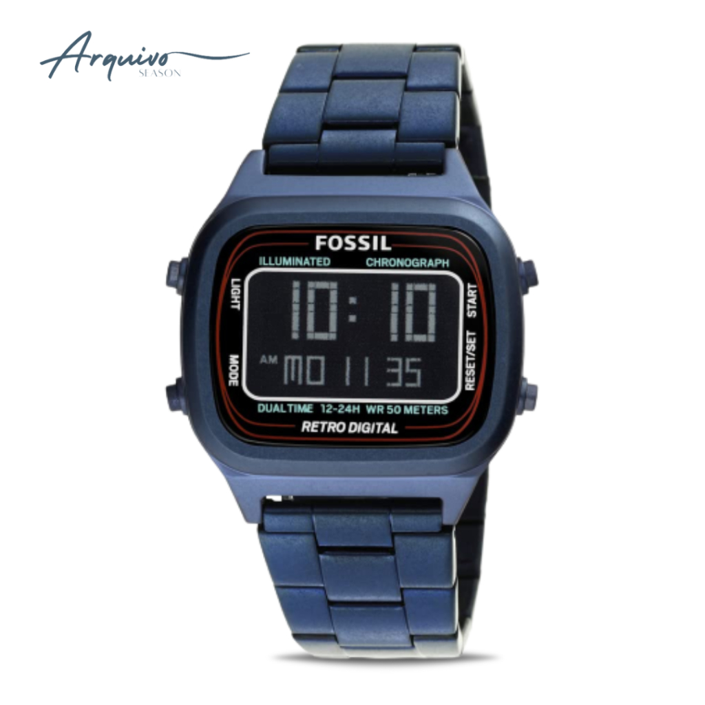 Jam Tangan Fossil Unisex Couple Retro Digital Blue Stainless Steel Mewah Casual Original FS5896