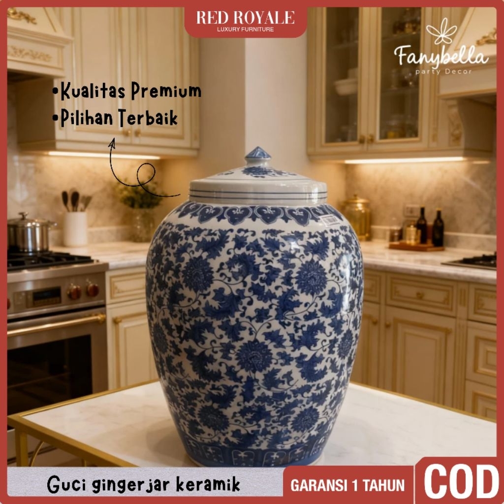 guci gingerjar keramik putih biru pajangan dekorasi rumah