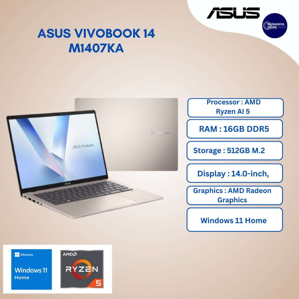 Asus Vivobook 14 M1407KA-VIPS5152M /AMD Ryzen AI 5-340/16GB/512GB SSD/AMD Radeon Graphics/14 FHD/Win