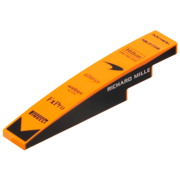 Lego Orange Part 6801pb09 Slope, Curved 6 x 1 with 'Airwallex', 'HALOITSM', 'Hilton FOR THE STAY', M