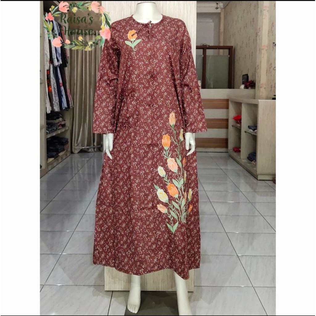 DASTER LONGDRESS BORDIR KHAS MALANG - LENGAN PANJANG I BUNGA - COKLAT