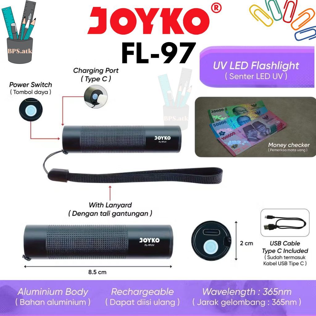 (1 pcs) Senter JOYKO FL-97UV Senter UV LED Deteksi Uang Palsu Aluminium 365nm - Rechargeable Type C