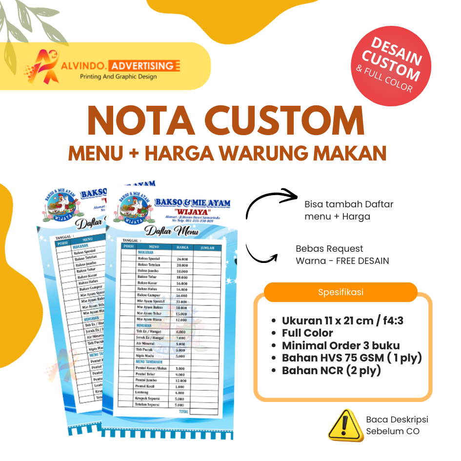 Nota Custom / Nota Menu Warung Makan Ukuran 1/3 F4 isi 50 Lembar / Nota Kwitansi Untuk Usaha Kuliner