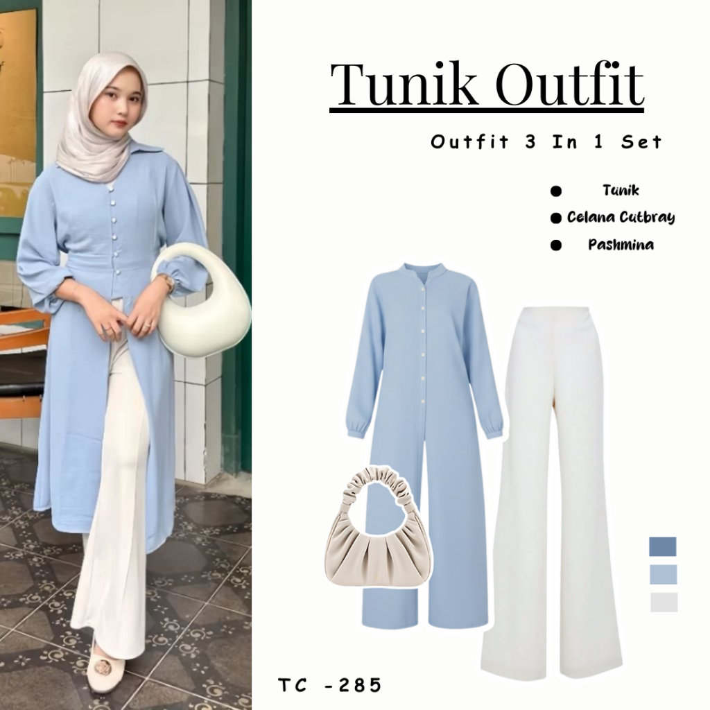 Setelan Lebaran Wanita 3in1 Elegan Feminim ( Tunik + Celana Cutbray + Tas ) SET TC-285