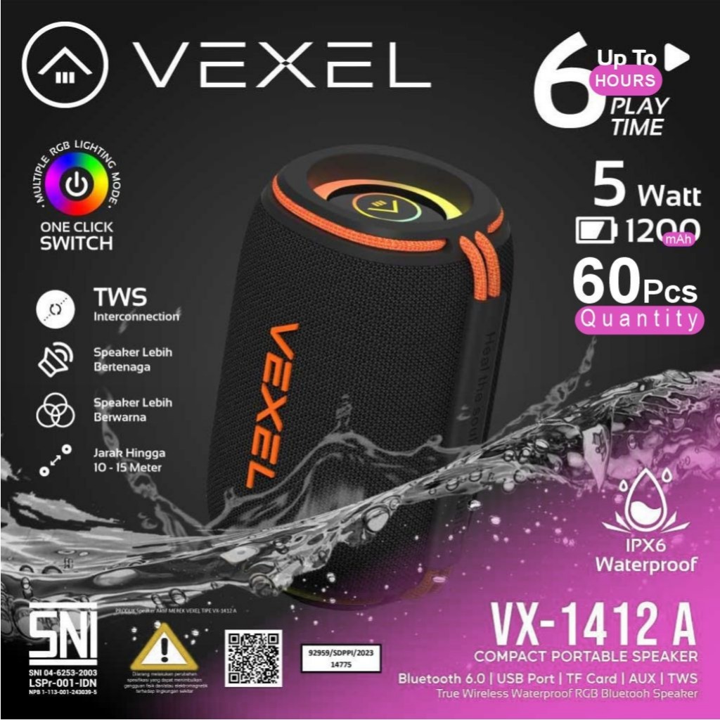 Speaker Bluetooth Portable Merek Vexel Powerful Bass Boost IPX6