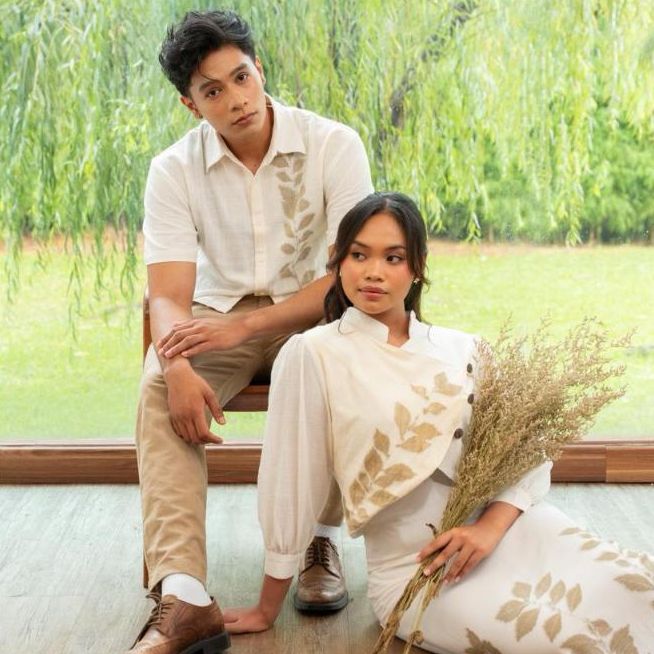 Leafe - Naung Nala Set Couple White Premium Ecoprint | Atasan Kemeja Pria Putih | Kebaya Pendek Wani