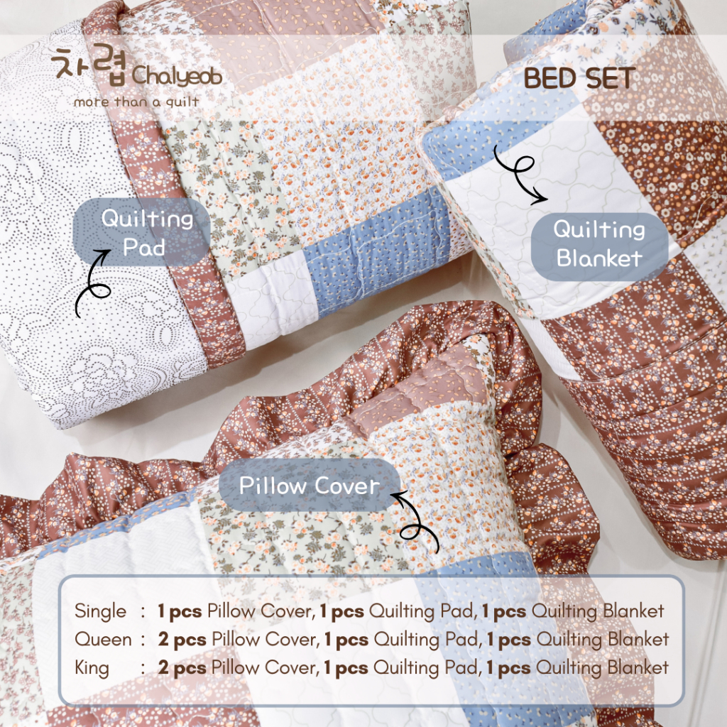 Chalyeob Quilting Topaz Bed Set Korean Style – Blanket Pad Pillow Cover Estetik Motif Trendy (Patchw