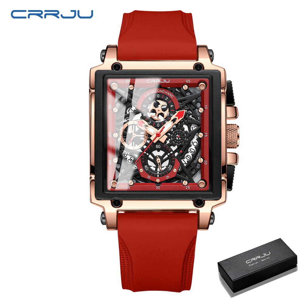 CRRJU Jam Tangan Pria Merek Teratas Mewah Kuarsa Persegi Tahan Air Luminous Chronograph Jam Tangan C