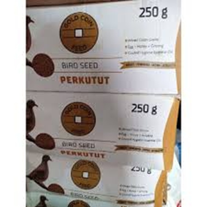 GROSIR 1 DUS ISI 40 GOLD COIN PERKUTUT 250 GRAM PAKAN UNTUK BURUNG PEMAKAN BIJI LOVEBIRD PERKUTUT DA