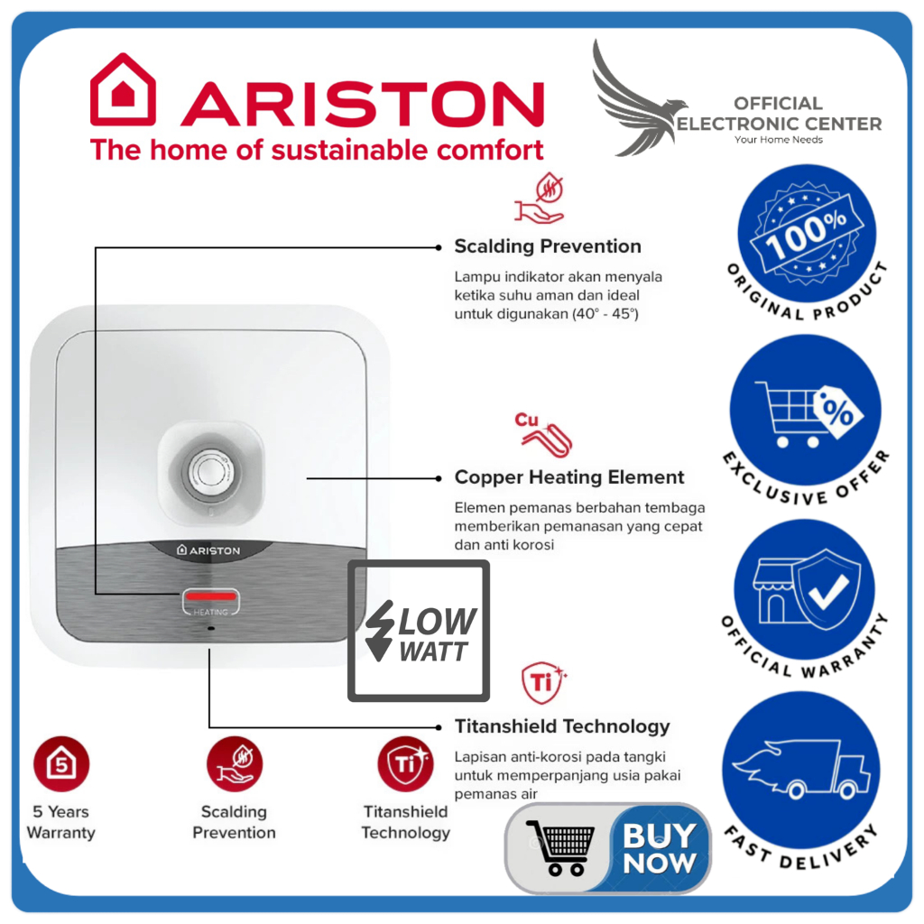 ARISTON WATER HEATER AN2 15B AN215B AN2-15B PEMANAS AIR LISTRIK 15L ARISTON SUPER LOW WATT TITAN SHI