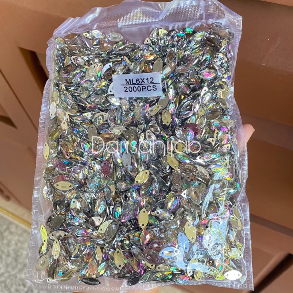 (2000) PELANGI AB 6x12 Payet Daun Diamond Mote sipit Tempel Permata Kilau Silver Mata Lancip Mata Pu